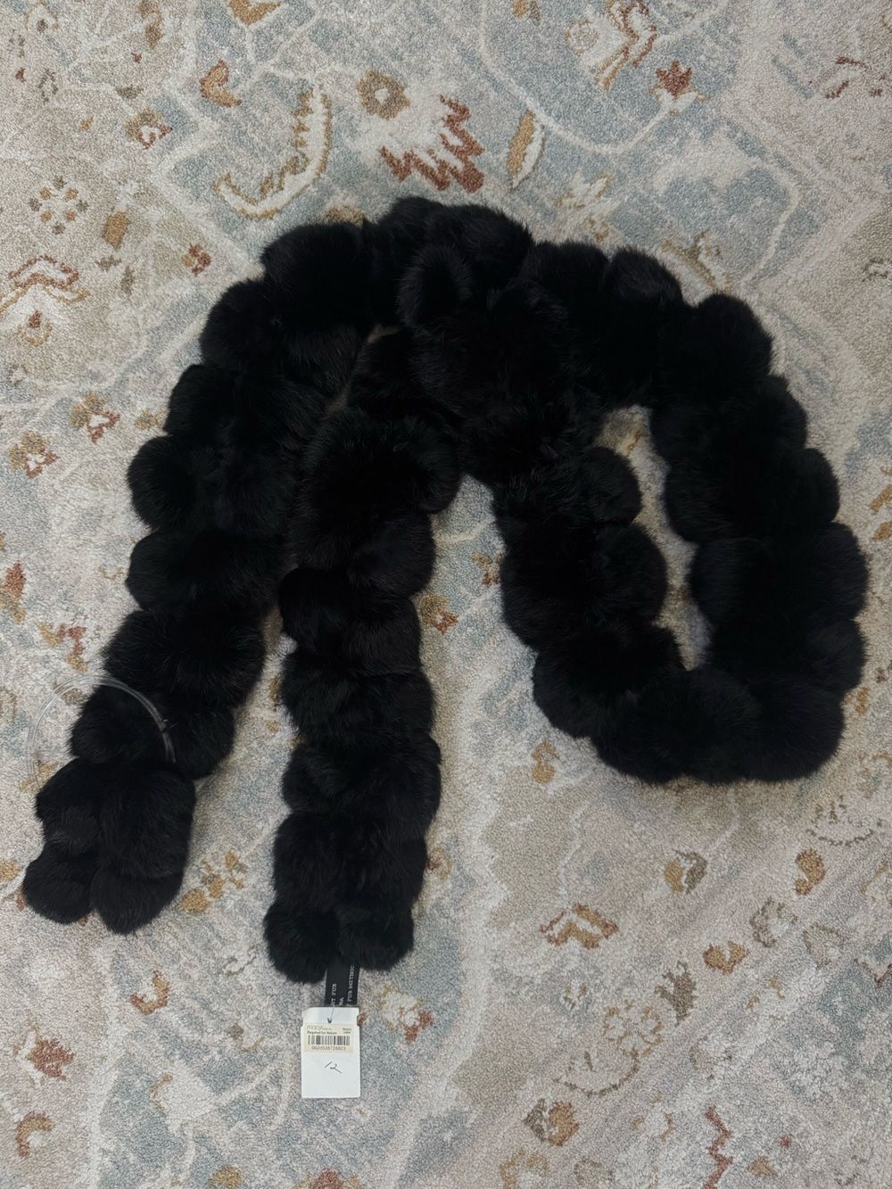 Cejon Genuine Black Rabbit Hand Strung Fur Ball Stole Scarf 70” Long NWT